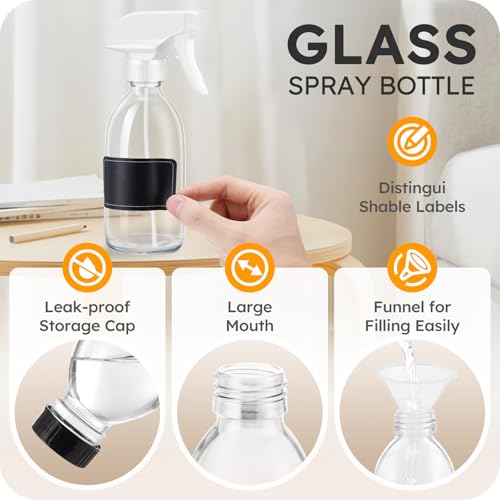 Tecohouse Glass Spray Bottle 8 oz, Clear Small Empty Refillable Sprayer Container with Labels, Funnel, Lids, Graduated Pipettes - Handheld Size - color: Clear White Lids