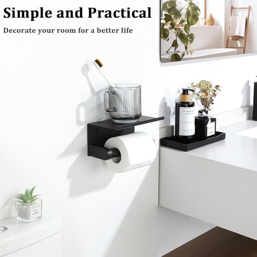 Alise Black Toilet Paper Holder,Bathroom Adhesive Toilet Paper Holder SUS304 Stainless Steel Toilet Paper Roll Holder with Shelf Spring Loaded Tissue Holder Wall Mount(Adhesive or Screw) - color: Matte Black, size: with Shelf