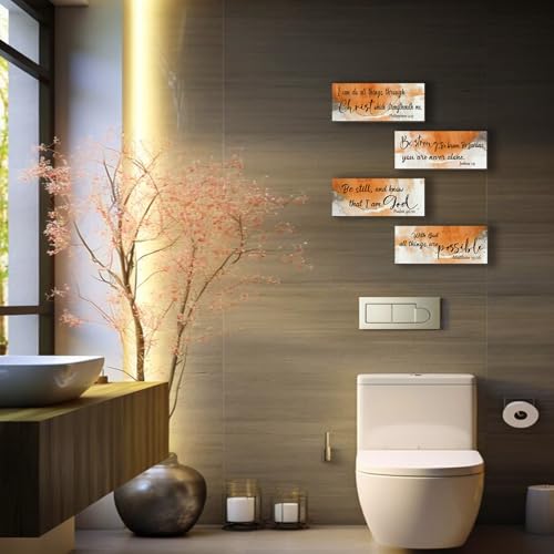 4 Pcs Burnt Orange Bathroom Decor Christian Wall Art Abstract Bible Verse Wall Decor Rustic Inspirational Wood Bathroom Accessories For Bedroom Kitchen Office(10 x 4 Inches, Orange) - color: Orange