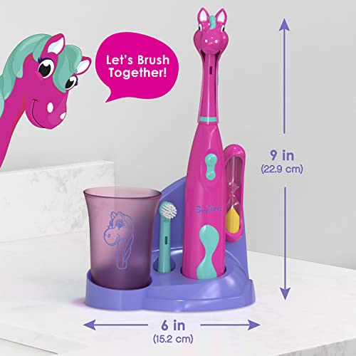 Brusheez Kids’ Electric Toothbrush Set - Safe & Effective for Ages 3+ - Parent Tested & Approved with Gentle Bristles, 2 Brush Heads, Rinse Cup, 2-Minute Timer, & Storage Base (Prancy the Pony) - color: Prancy the Pony