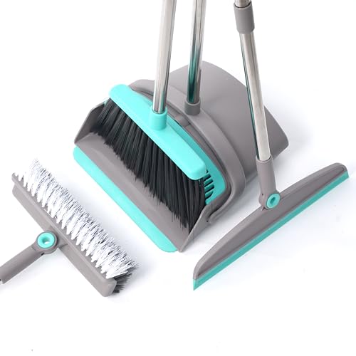 Broom with Dustpan Combo Set, Silicone Broom Squeegee and Scrub Brush Set with Long Adjustable Handle for Indoor & Outdoor Sweeping and Scrubbing, Ideal for Pet Hair, Liquids and Dirt - color: Teal and Grey