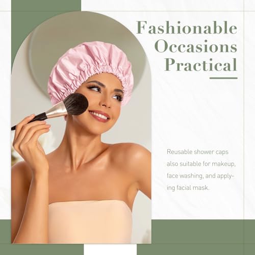 Edoneery Reusable Shower Caps for Women, Waterproof Long Hair Bonnet | Washable Design, Wide Elastic Band, Large Fit, Holds Long Hair, Braids Friendly, Bath Accessories, Spa, Travel - color: Pink