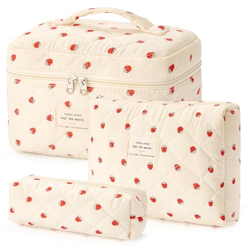 HBselect Quilted Makeup Bag, 3PCS Cotton Large Travel Makeup Bag, Cute Floral Coquette Make up Bag Cosmetic Bag Toiletry Bag for Women Girls - color: A-3PCS-Floral 15