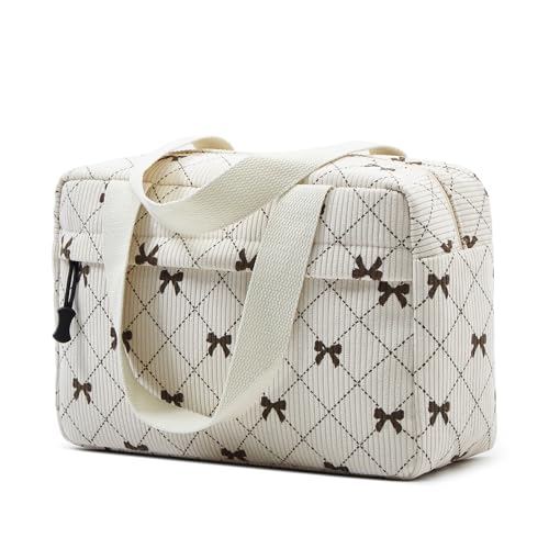 Large Makeup Bag for Women Corduroy Cosmetic bag Make up Bags Zipper Pouch with handle Cosmetic Organizer Toiletry Bag for Travel Storage - color: 26-Bowknot Beige