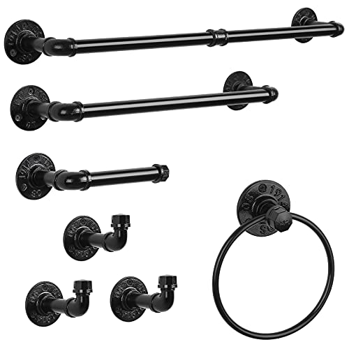Bathroom Hardware Fixture Set Industrial Towel Bar Sets with Paper Towel Rack Wall Mount Hand Towel Holder Roll Ring Toilet Paper Holder and Pipe Robe Towel Holder Hanger for Farmhouse Home, 7 Pieces - size: 7 Pieces