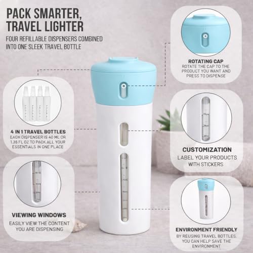 Travigo 4-in-1 Travel Dispenser Bottle, TSA Approved, Leak Proof, Four Reusable 1.4 oz. (40 mL) Toiletry Containers for Shampoo, Conditioner, Soap, Lotion, Skincare (Blue) - color: 1 Dispenser (Blue)