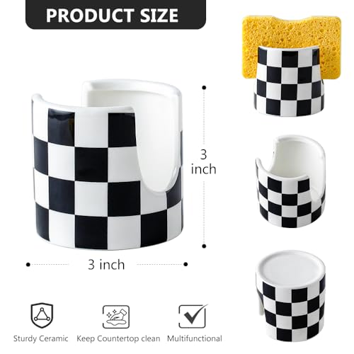 Kitchen Sink Cute Ceramic Checkered Sponge Holder, Dish Sponge Rack Brush Holder Organizer, Farmhouse Kitchen Decor Dish Rack for Brush, Scrubbers, Bathroom, Sink (Black-white) - color: Black-white