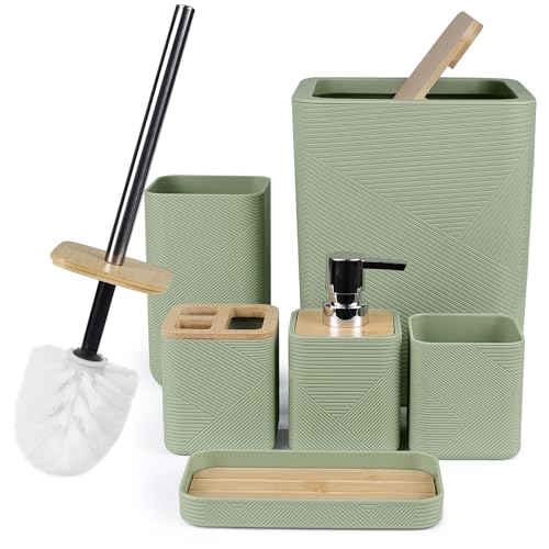 CERBIOR Bathroom Accessories Set 6 Piece Bamboo Bath Ensemble Includes Soap Dispenser, Toothbrush Holder, Toothbrush Cup, Soap Dish for Decorative Countertop and Housewarming Gift (Green) - size: Complete Set, style: Green