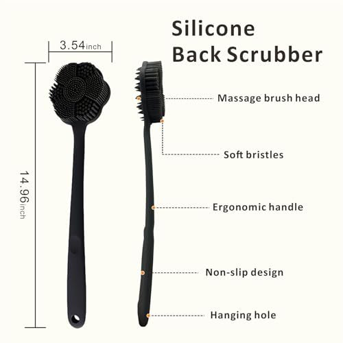 Back Scrubber & Face Scrubber Brush for Shower - 15 Inch Long Handle Double Sided Silicone Body Brush for Exfoliation & Massage, Soft Facial Cleansing Brush, Rich Lathering for Deep Cleansing (Black) - color: Black