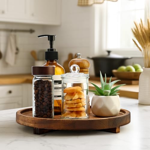 12 inch Large Round Decorative Tray Wood Bathroom Counter Organizer Farmhouse Kitchen Decor Wooden Riser for Perfume Soap Dish Wood Decorative Candle Holders for Home Decor Brown Table Centerpieces - color: Dark Brown, size: 12"
