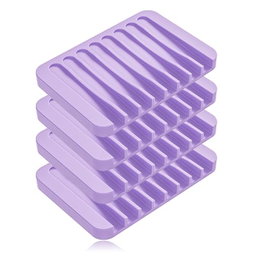 4-Pack Self Draining Soap Dish for Shower Bathroom Waterfall Silicone Soap Saver Tray Sponge Holder for Kitchen Sink Non-Slip Easy Clean (Purple) - color: Purple