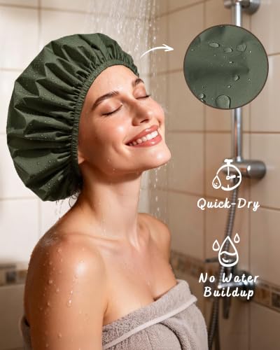 Yanibest Shower Cap for Women - Frizz Free Satin Lined Shower Cap Waterproof Large Double Layer Reusable with Soft Elastic Band for Braids Long Hair - color: Peachy