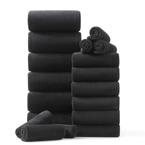 18 Piece Family Bath Towel Set Include 6 Bath Towels,6 Hand Towels and 6 Washcloths Soft Bathroom Towel with Hanging Loops,Highly Absorbent Quick Dry Towels Set for Bathroom,Hotel and Spa-Black - color: Black, size: 18-Piece Set