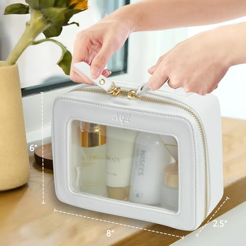 NGIL Clear Faux Leather Travel Toiletry Bag, Makeup Bag Organizer for Women, Clear Window & Gold Zipper Makeup Bag, Road Trip Essential, Skincare, Cruise Ship Essentials (White) - color: White