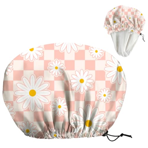 Pink Daisy Reusable Shower Cap Buffalo Check Double Layer Waterproof Shower Caps Large Elastic Hair Cover Adjustable Hair - Drying Caps for Woman Bath SPA Travel One Size Fits Most - color: Pink Daisy
