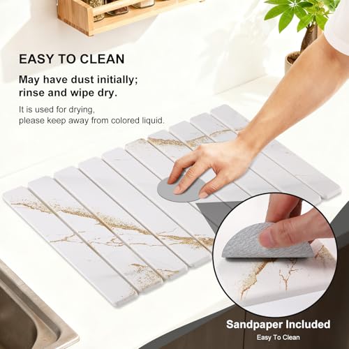 3 PCS Large Stone Dish Drying Mat for Kitchen Counter, Quick Dry Stone Dishes Mats, Sink Faucet Mat, Marble Water Absorbing Diatomaceous Earth Drying Pad for Countertop Tableware, Bottles - color: White Gold Marble