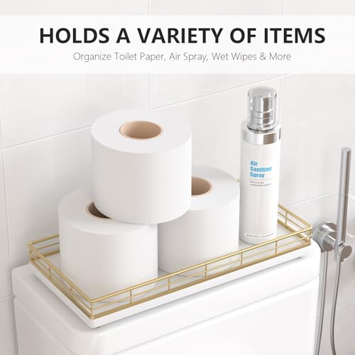 Toilet Paper Basket Organizer, Oak Wood Toilet Tank Tray with Metal Frame | Bathroom Counter Top Storage for Toilet Paper, Wipes & Decor, Modern Narrow Back of Tank Shelf Organizer, Gold & White - color: Gold & White, size: 13" x 6.5" x 2"