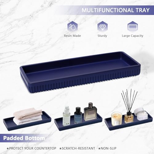 XLHOMO Resin Navy Blue Bathroom Accessories Set 5 Pcs, Lotion Soap Dispenser, Toothbrush Holder, Bathroom Tumbler, Qtip Holder and Vanity Tray, Bathroom Countertop Organizer Set for Modern Apartment - color: Navy Blue, size: Resin Bath Set
