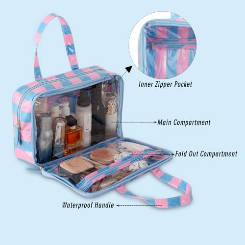 Travel Toiletry Bag for Women, Waterproof Clear Coated Portable Stripe Makeup Cosmetic Bag with Compartment, Travel Organizer for Shampoo, Conditioner, Brushes Set,Cosmetic Accessories(Pink-Blue) - color: Pink-Blue