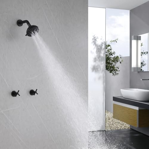 2 Handle Shower Faucet,Wall Mounted Two Handles Shower Faucet Set with 8 Modes Rainfall Shower Head,2 Knobs Single Function Shower Trim Kit with Rough-in Valve,Matte Black - color: Matte Black, style: 2 Handles-Single Function