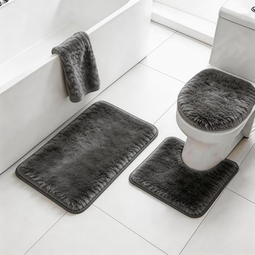 RUN HELIX Shaggy Bathroom Rugs Sets 3Piece Bath Mat for Bathrom Non-Slip Bathrom Mats Water Absorbent Bath Rug Floor Mats Soft Washable Shower Rug with U-Shaped Contour Rug Toilet Lid Cover Grey - color: Grey