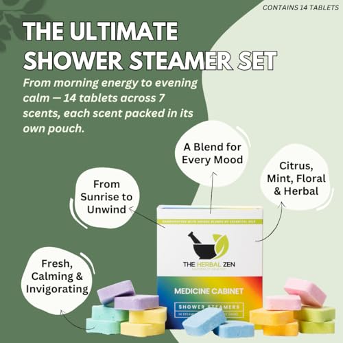 The Herbal Zen Shower Steamers Aromatherapy Tablets 14 Pack - 7 Pure Essential Oil Blends for Daily Relaxation and Wellness - Shower Bombs Gift Set for Women and Men - style: Variety Gift Box