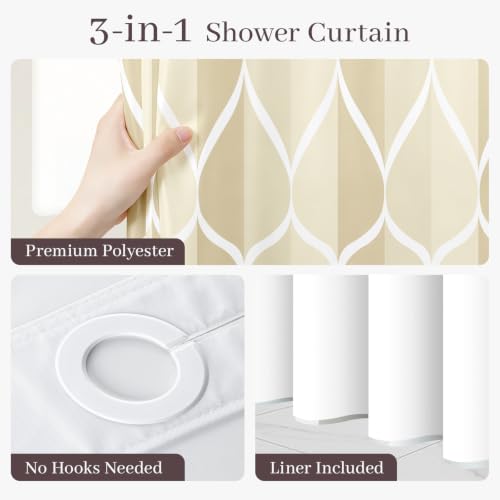 Yiatn No Hook Ivory Luxury Double Shower Curtain with Snap in Fabric Liner Set-Hotel Style with See Through Mesh Top Window, Modern Geometric Waterdrop Design,71x74 INCH - color: Ivory, size: 71"W x 74"L (Pack of 1)