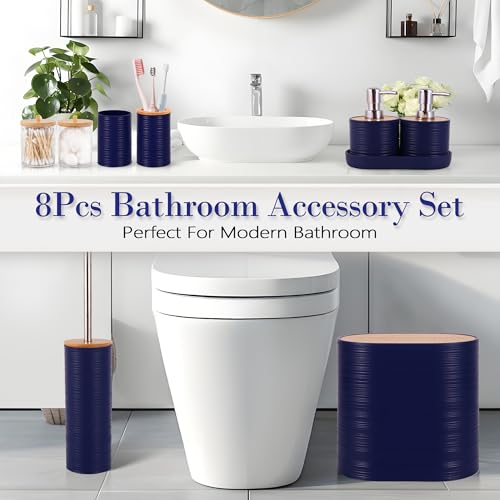 Bathroom Accessory Set,10 PCS Navy Blue Bathroom Set with Trash Can,Toothbrush Holder,Soap Dispenser,Toothbrush Cup,Vanity Tray,Soap Dish,Toilet Brush,Qtip Holders - color: Navy Blue