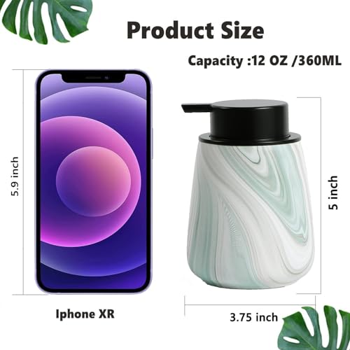 12Oz Foam Hand Soap Dispenser - Modern Ceramic Foaming Soap Dispenser with Easy-to-Press Pump, Reusable and Refillable Liquid Dish Soap Dispensers for Bathroom & Kitchen, Marble Green - color: Marble Green, style: Foam Pump