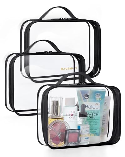BAGSMART Clear Toiletry Bag, TSA Approved Travel Toiletry Bag Carry On Travel Accessories Bag Airport Airline Quart Size Bags water-resistant Makeup Bag for Women - color: Basic Black-with handle+180° open, size: 3 Pack, Medium