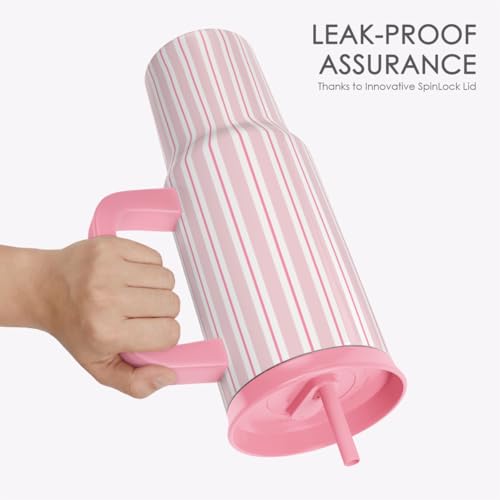 SANDJEST Stripe Stainless Steel Locking Lid Silicone Straw Tumbler with Handle 40oz, Insulated Stainless Steel Travel Cup for Women Girls Friends, Gift Idea for Birthday Summer Vacation (Pink) - color: Pink Stripes