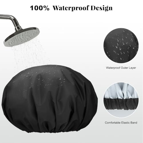 3 Pack Reusable Shower Cap for Women, Waterproof Hair Cap for Shower and Bath, Large Bath Cap for Long Thick Hair - color: A02-Black
