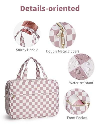 Narwey Hanging Travel Toiletry Bag for Women Checkered Makeup Bag Organizer Cosmetic Make up Toiletries Bag for Travel Essentials Accessories (Dusty Pink Checkerboard, Large) - color: Dusty Pink Checkerboard, size: Large