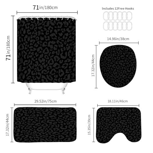 4 PCS Leopard Shower Curtain Cheetah Print Shower Curtain Sets Non Slip Bathroom Rugs Soft Plush Bath Mat Toilet Lid Cover Animal Print Shower Curtain with 12 Hooks for Bathroom Tub, Black - color: Black