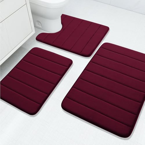 Buganda Memory Foam 3 Pieces Bathroom Rugs Set - Thick Soft Absorbent Bath Mats, Washable Small/Large/Contour Bath Rugs (24" x 16" + 30" x 20" + 24" x 20", Wine Red) - color: Wine Red, size: 24" X 16" + 30" X 20" + 24" X 20"