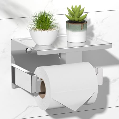 HITSLAM Toilet Paper Holder with Shelf, Stick on Chrome Tissue Roll Holder Self Adhesive or Wall-Mount with Storage Shelf for Bathroom - color: Chrome, size: Medium