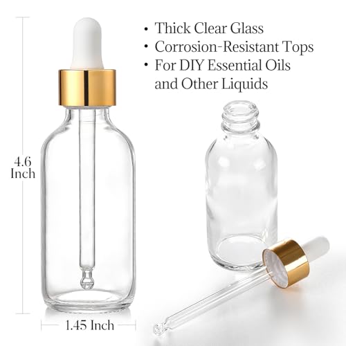 AOZITA Set of 4, 2 oz Golden Cap Clear Dropper Bottles (60ml) with 1 Funnel & 4 Labels - Glass Tincture Bottles for Essential Oils with Eye Droppers - Leak Proof Travel Bottles for Liquids - color: Clear