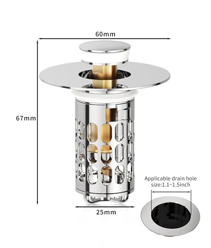 QYHNYJF Upgraded Bathroom Sink Stopper – Universal Pop-Up Drain Plug with Anti-Clog Hair Catcher, Durable Stainless Steel & Silicone Seal, Fits Standard 1.1-1.5 Inch Sink Drains, Silver - color: Silver