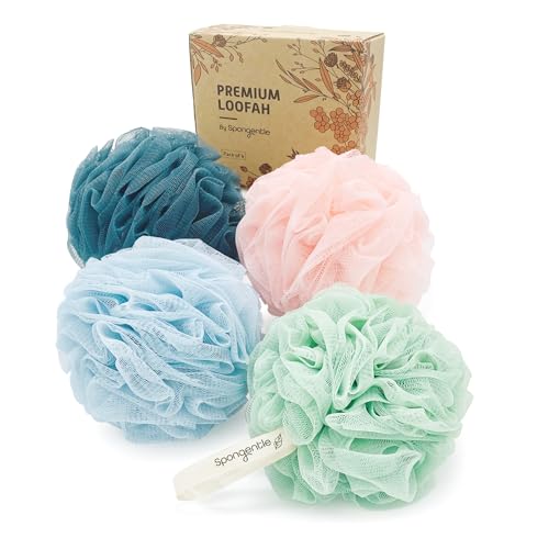 Spongentle Shower Loofah Bath Sponge, Body Scrubber with Soft Mesh, Exfoliating Bath Pouf and Body Wash Sponge for Women and Men, Bath Accessories Cleaning Tool, Large 60g 4 Pack - style: Pastel Mix