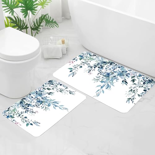 Gibelle Eucalyptus Leaves Bath Mat Rug Set 2 Piece, Super Absorbent Quick Dry Bathroom Rug Set, Non Slip Rubber Backed Bathroom Floor Mat for Tub Shower Sink (17"x24"+20"x32", Blue) - color: A003, size: 17" x 24" + 20" x 32"