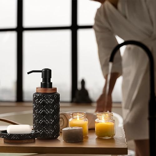 RQYIXI Elegant 4 PCS Ceramic&Wood Bathroom Accessories Set:Soap Dispenser,Toothbrush Holder,Tumbler,Soap Dish,Easy to Clean,Quatrefoil Pattern,Black-Affordable Luxury for Home Decor Enthusiasts - color: Black