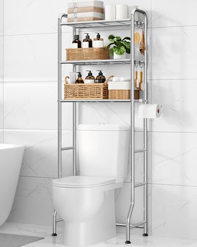 Kitsure Over Toilet Storage Rack, 63.2" H Space-Saving, Holder & Hooks | Bathroom, Laundry Room, Small Spaces, Families, Durable Metal, Silver, 3 Tier - color: Silver, size: 3 Tiers (63.2"H)