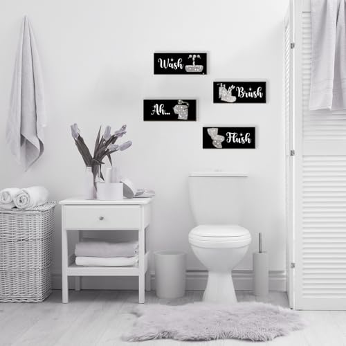 4 Pcs Silver Bathroom Decor Funny Silver And Black Wall Art Wooden Bathroom Accessories Modern Funny Glitter Set for Home Toilet 10x4 Inch - color: Silver, size: 10 X 4 Inch