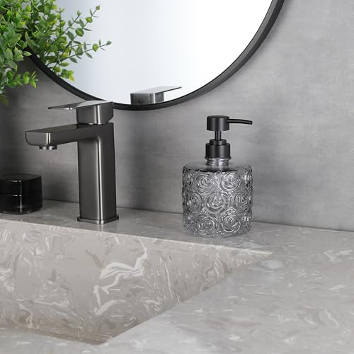 Marcella Glass Soap Dispenser with Soap Pump, Refillable 14 Ounce Capacity, Floral Design Rose Patterns, Heavy Weight Thick Glass for Bathroom, Premium Kitchen Soap Dispenser Gray - color: Gray