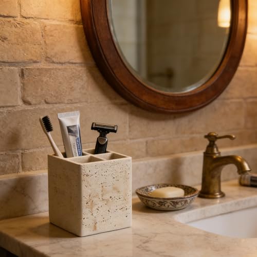 Natural Travertine Textures Toothbrush Holders for Bathroom, Electric Toothbrush and Toothpaste Holder 3 Slots Tooth Brush Organizer for Bathroom Countertop, Shower, Vanity