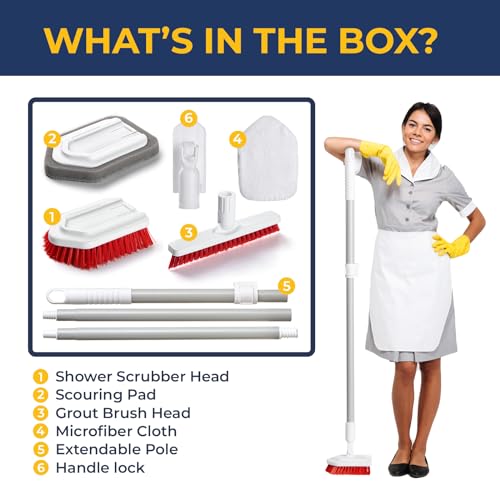 Shower Scrubber with Long Handle, Stiff Bristles Grout-Brush, Tub Scrub-Brush with Long-Handle, Shower-Cleaner Brush, Grout Cleaning Brush for Tile floors, Scouring Pad & Microfiber Cloth for Bathroom - color: White