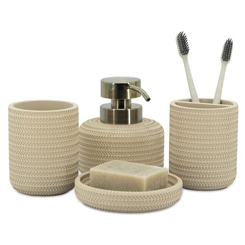 ZCCZ Beige Bathroom Accessories Set 4 Pcs - Toothbrush Holder, Soap Dispenser, Vanity Tray, Tumbler - Countertop Organizer for Bathroom Decor - Stylish and Functional Accessory Set for Home - color: Beige 4pcs