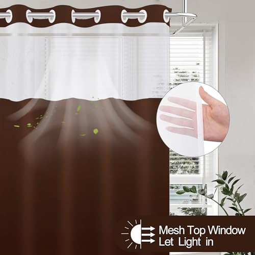 No Hook Shower Curtain with Snap in Liner, Ombre Dark Brown Shower Curtains and Liner Set, Hotel Fabric Bath Curtain for Bathroom, Mesh Top Window Waterproof Washable, 71" x 74" - color: Ombre Dark Brown, size: 71"W x 74"L (Pack of 1)