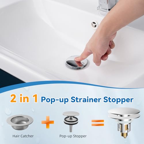 Universal Metal Bathroom Sink Stopper, Pop-Up Hair Catcher Strainer, Chrome | Large Cover Cap, Sink Drain Strainer with Detachable Double Filter, Drain Plug Fits 1.1"-2.36" US Basin, Brass Bounce Core - color: Chrome
