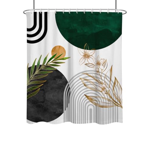 Green and Gold Shower Curtain Abstract Boho Modern Mid Century Sage Geometric Neutral Contemporary Minimalist Leaves Botanical Fabric Cloth Bathroom Decor Set 60x72 inch Polyester 12 Hooks - color: Green, size: 60"W x 72"L (Pack of 1)